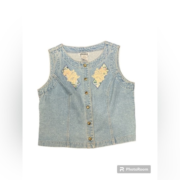 Vintage 90s Appliqué  Light Blue Jean Vest By California Concepts Size Large - Picture 2 of 10